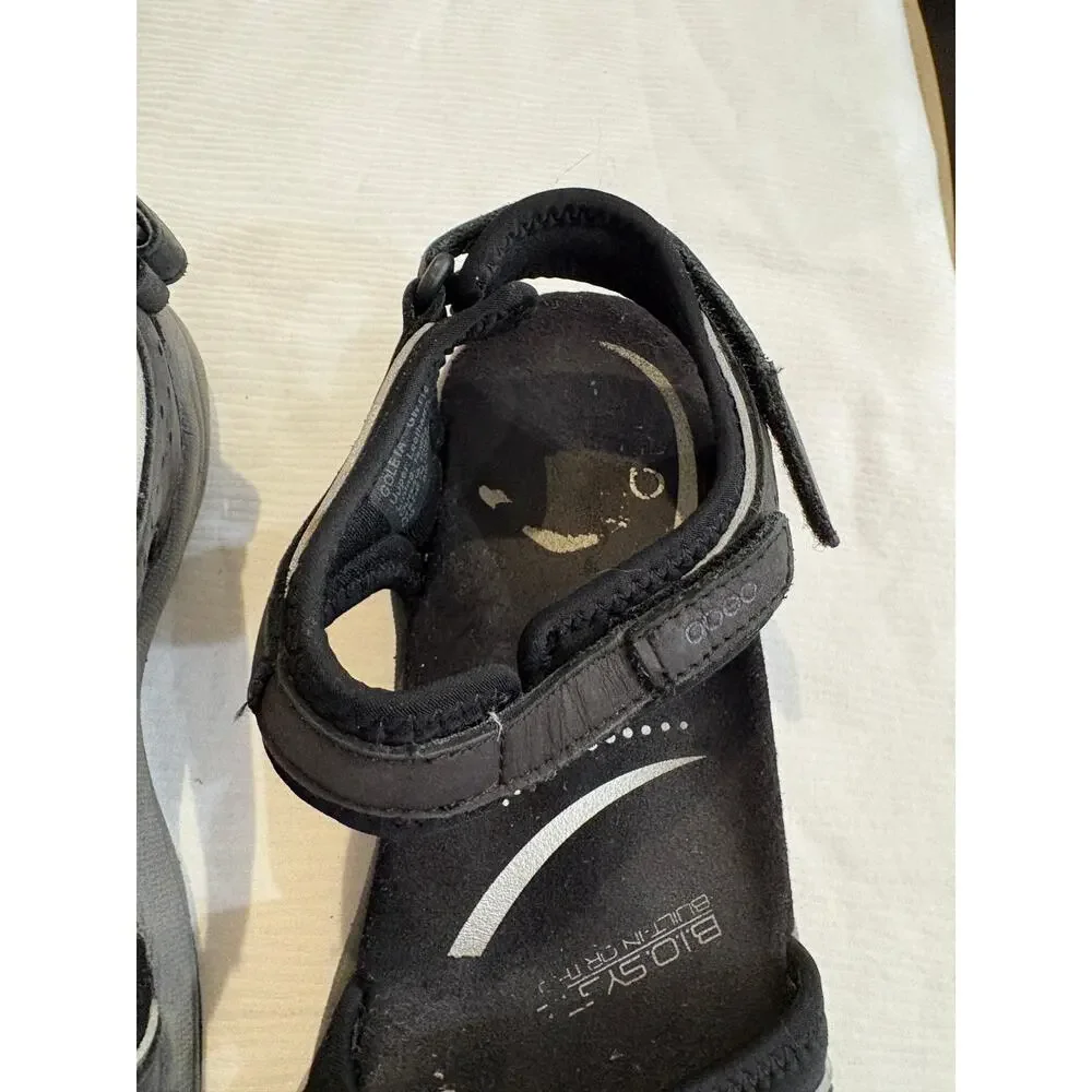 Abeo Goleta Sandals Black Silver Trim Leather Comfort Thong Womens 6 Narrow